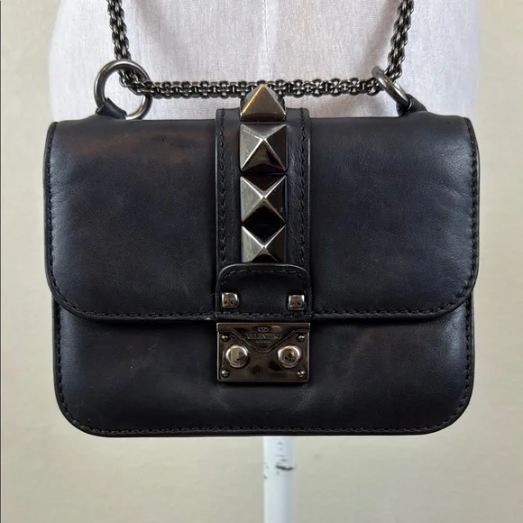 Valentino Garavani Mini Glam Lock Black Leather Studded Shoulder Bag